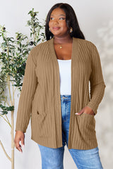 Basic Bae Full Size Ribbed Open Front Cardigan with Pockets - Flyclothing LLC