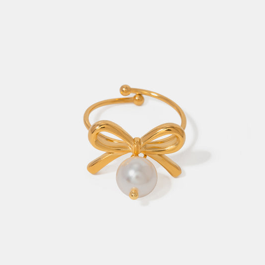 Stainless Steel Pearl Bow Ring Trendsi