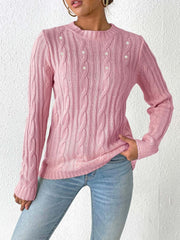 Cable-Knit Round Neck Long Sleeve Sweater - Trendsi