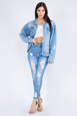 American Bazi Full Size Painted Back Distressed Denim Jacket - Trendsi