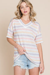 BOMBOM Striped V-Neck Short Sleeve T-Shirt - Trendsi