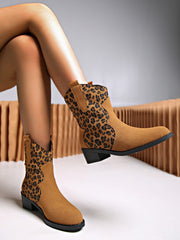 Leopard Suede Block Heel Boots - Trendsi