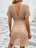 Openwork Plunge Short Sleeve Cover-Up Dress - Flyclothing LLC