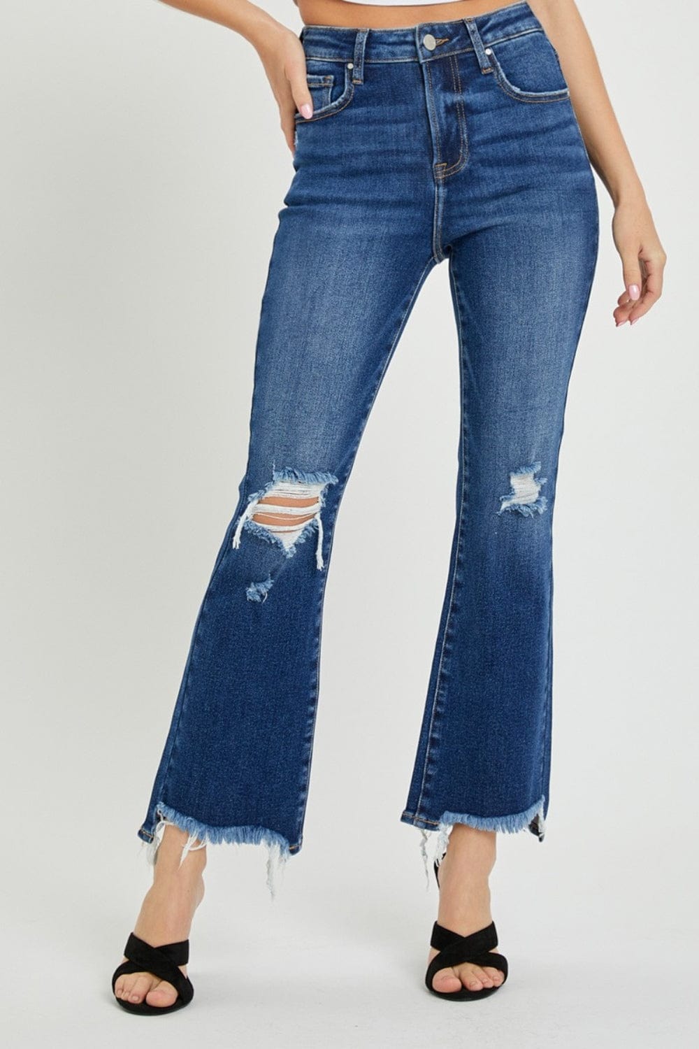 RISEN High Rise Distressed Crop Flare Jeans - Trendsi