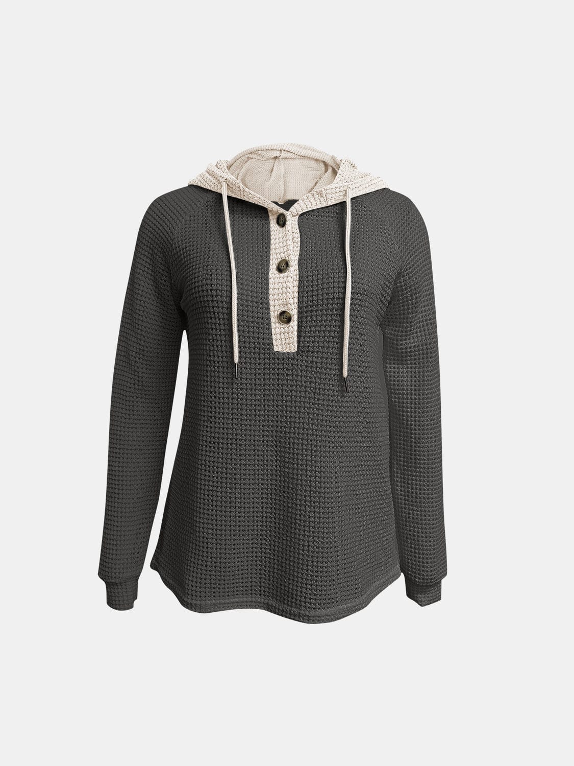 Full Size Waffle-Knit Contrast Long Sleeve Hoodie - Trendsi