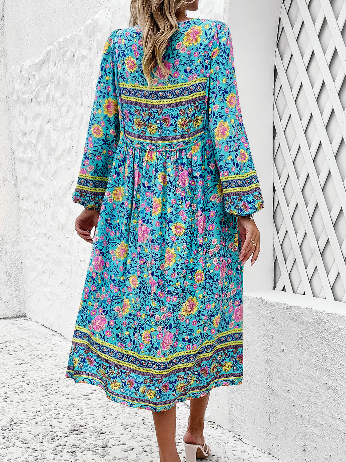 Tassel Tied Printed Long Sleeve Dress - Flyclothing LLC