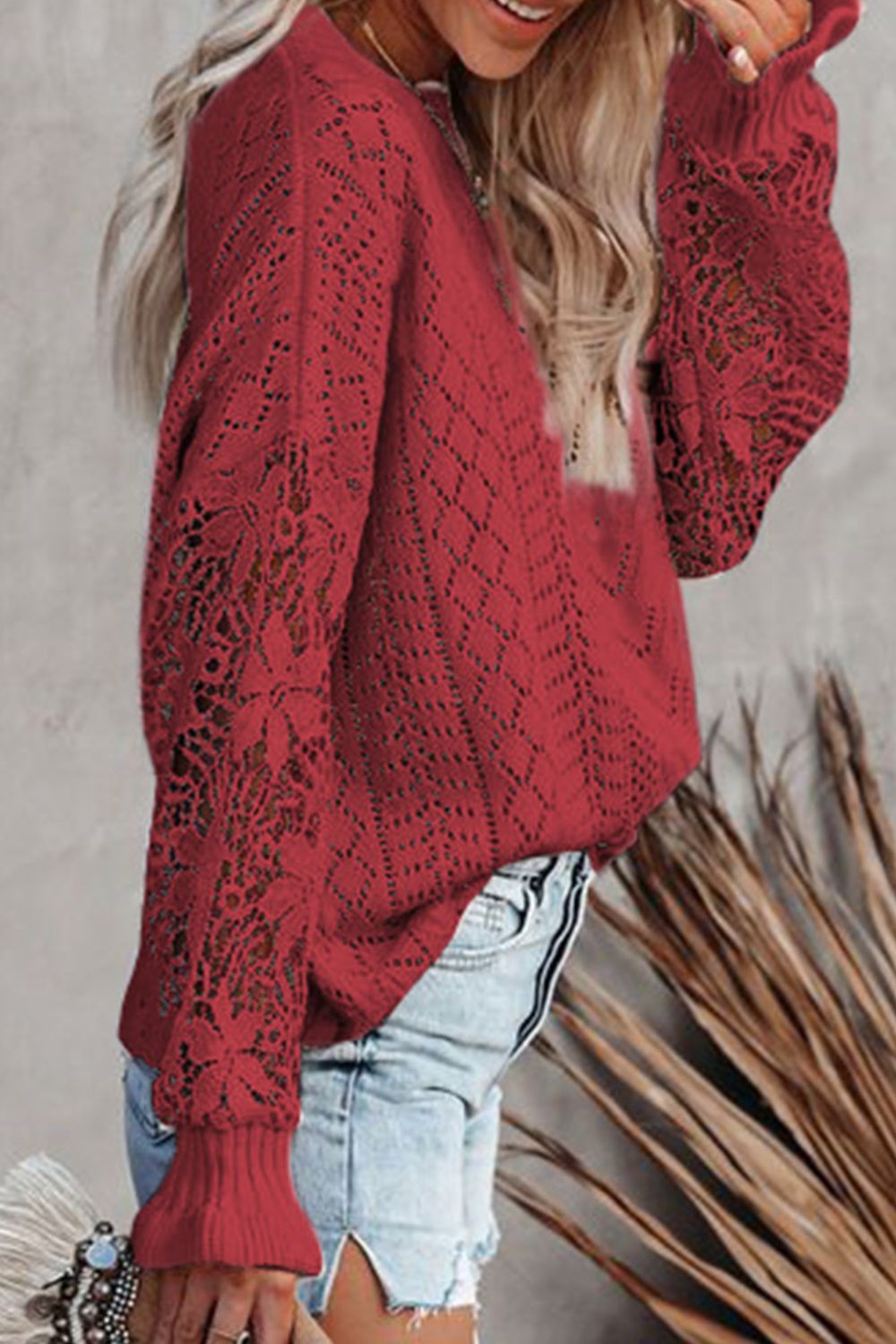 Openwork Round Neck Long Sleeve Sweater