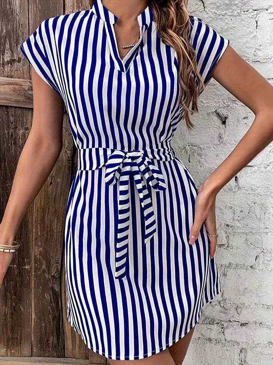 Tied Striped Cap Sleeve Mini Dress - Trendsi