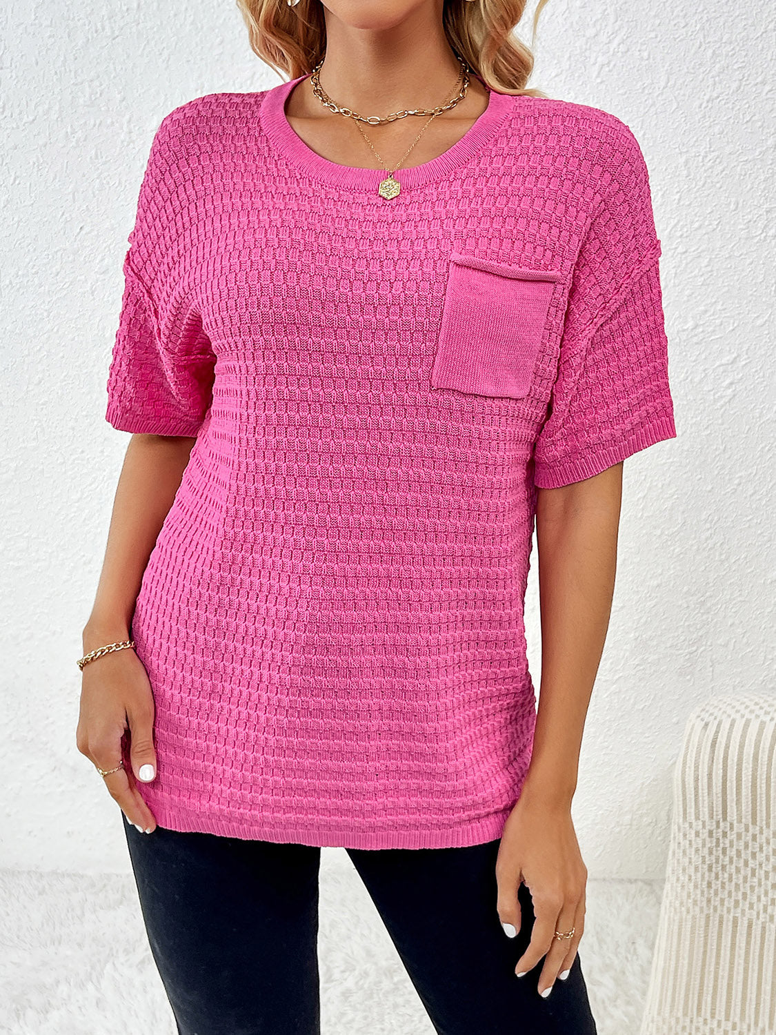 Round Neck Half Sleeve Knit Top - Flyclothing LLC