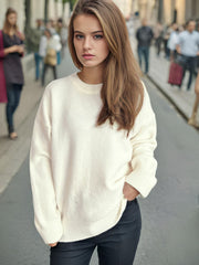 Round Neck Dropped Shoulder Long Sleeve Sweater - Trendsi