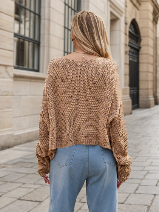 Round Neck Dropped Shoulder Long Sleeve Sweater