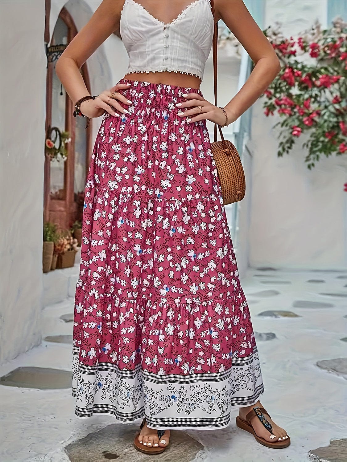 Full Size Tiered Printed Elastic Waist Skirt - Trendsi