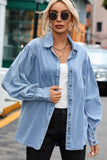 Collared Neck Lantern Sleeve Denim Top