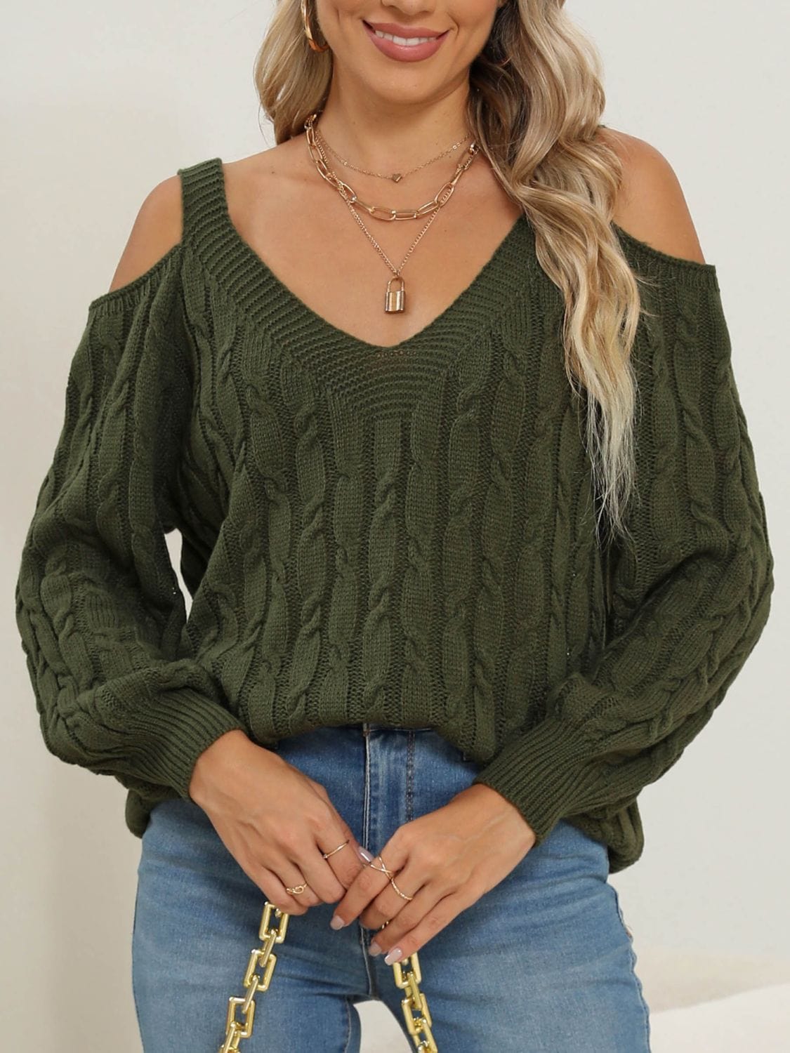 Cable-Knit V-Neck Long Sleeve Sweater - Trendsi