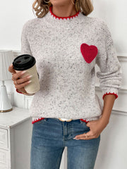 Perfee Contrast Heart Round Neck Long Sleeve Sweater