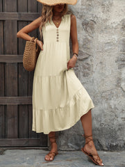 Decorative Button Notched Sleeveless Dress - Trendsi