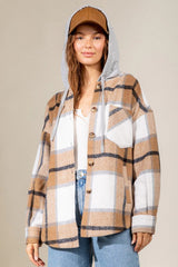 Drawstring Plaid Dropped Shoulder Hooded Shacket - Trendsi