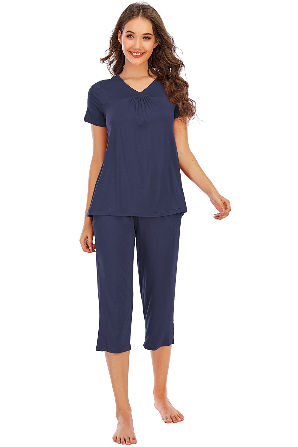 V-Neck Short Sleeve Top and Pants Lounge Set - Flyclothing LLC