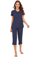 V-Neck Short Sleeve Top and Pants Lounge Set - Flyclothing LLC