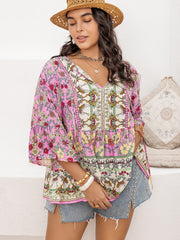 Plus Size Ruched Printed Tie Neck Three-Quarter Sleeve Blouse