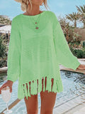 Double Take Openwork Tassel Hem Long Sleeve Knit Cover Up - Flyclothing LLC