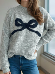 Bow Round Neck Long Sleeve Sweater - Trendsi