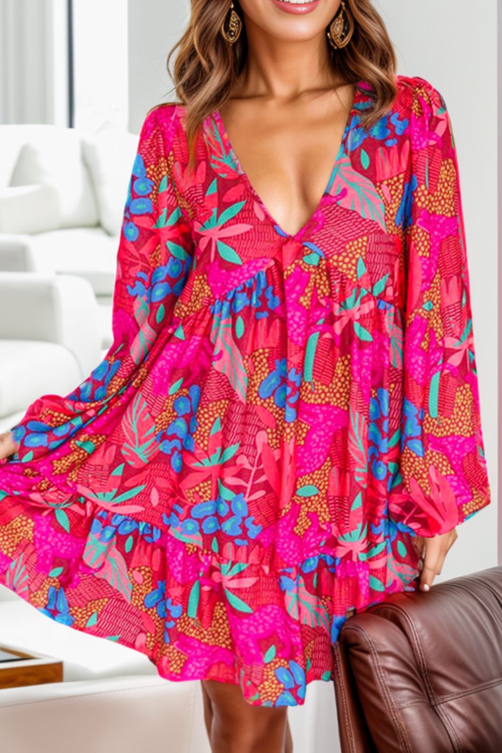 Printed Balloon Sleeve Mini Dress - Flyclothing LLC