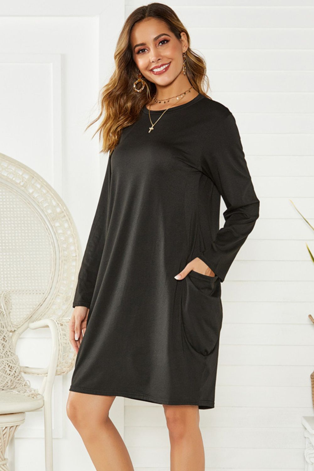 Pocketed Round Neck Long Sleeve Dress