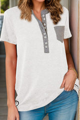 Full Size Half Button Short Sleeve T-Shirt - Trendsi