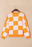 Pumpkin Checkered Round Neck Long Sleeve Sweater - Trendsi