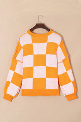 Pumpkin Checkered Round Neck Long Sleeve Sweater