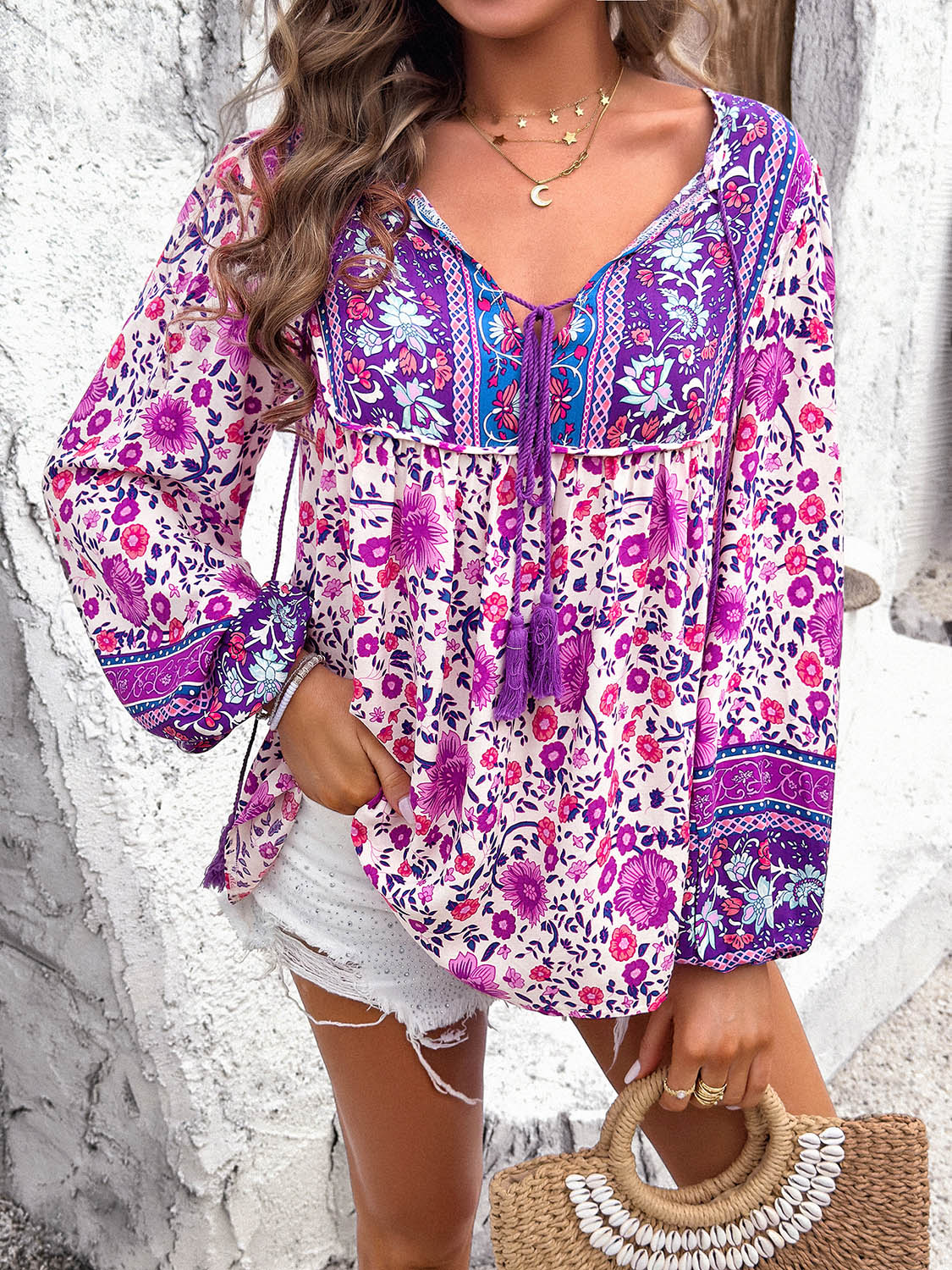 Printed Tie Neck Long Sleeve Blouse - Flyclothing LLC