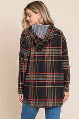 BOMBOM Drawstring Plaid Long Sleeve Hoodie - Trendsi