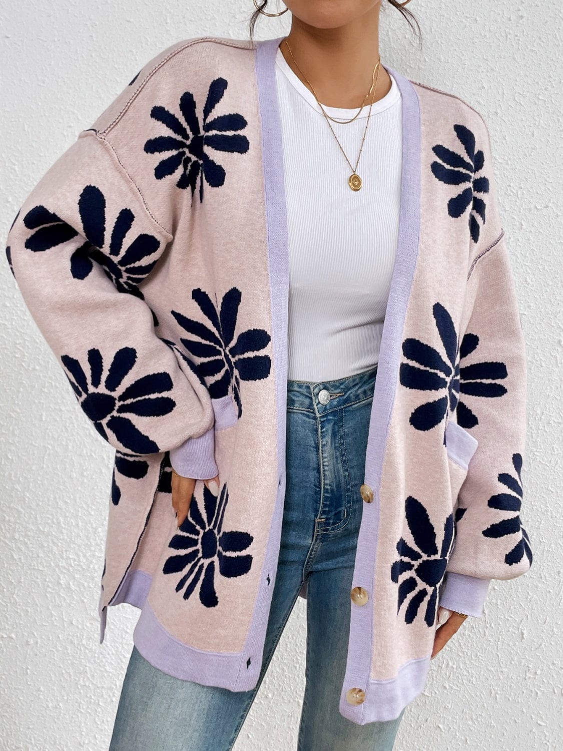 Contrast Dropped Shoulder Long Sleeve Cardigan - Trendsi