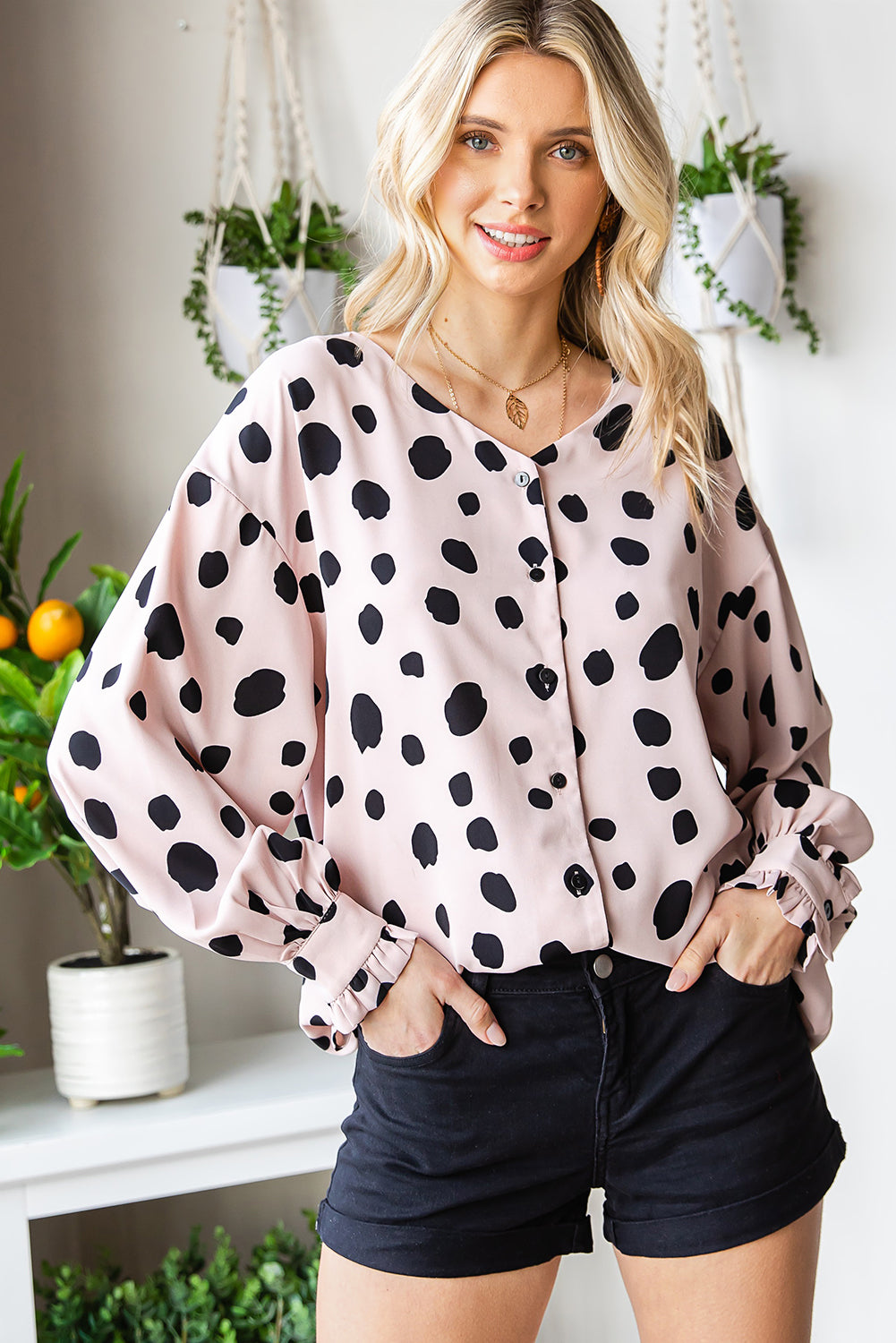 Printed Button Up Flounce Sleeve Shirt - Flyclothing LLC