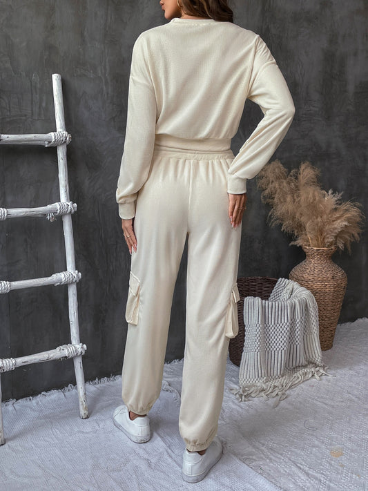 Round Neck Long Sleeve Top and Pants Set - Trendsi