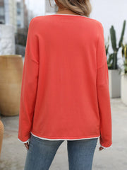 Contrast Trim Round Neck Long Sleeve Sweater - Trendsi