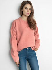 Round Neck Dropped Shoulder Long Sleeve Sweater - Trendsi