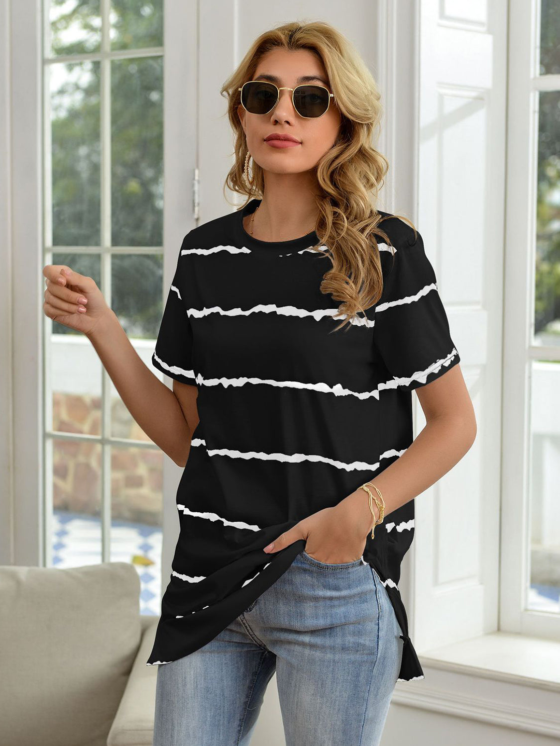 Striped Round Neck Short Sleeve T-Shirt - Flyclothing LLC