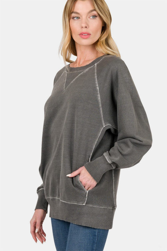 Zenana Round Neck Long Sleeve Sweatshirt Trendsi