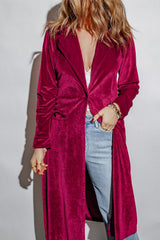 Collared Neck Longline Velvet Cardigan with Pockets - Flyclothing LLC