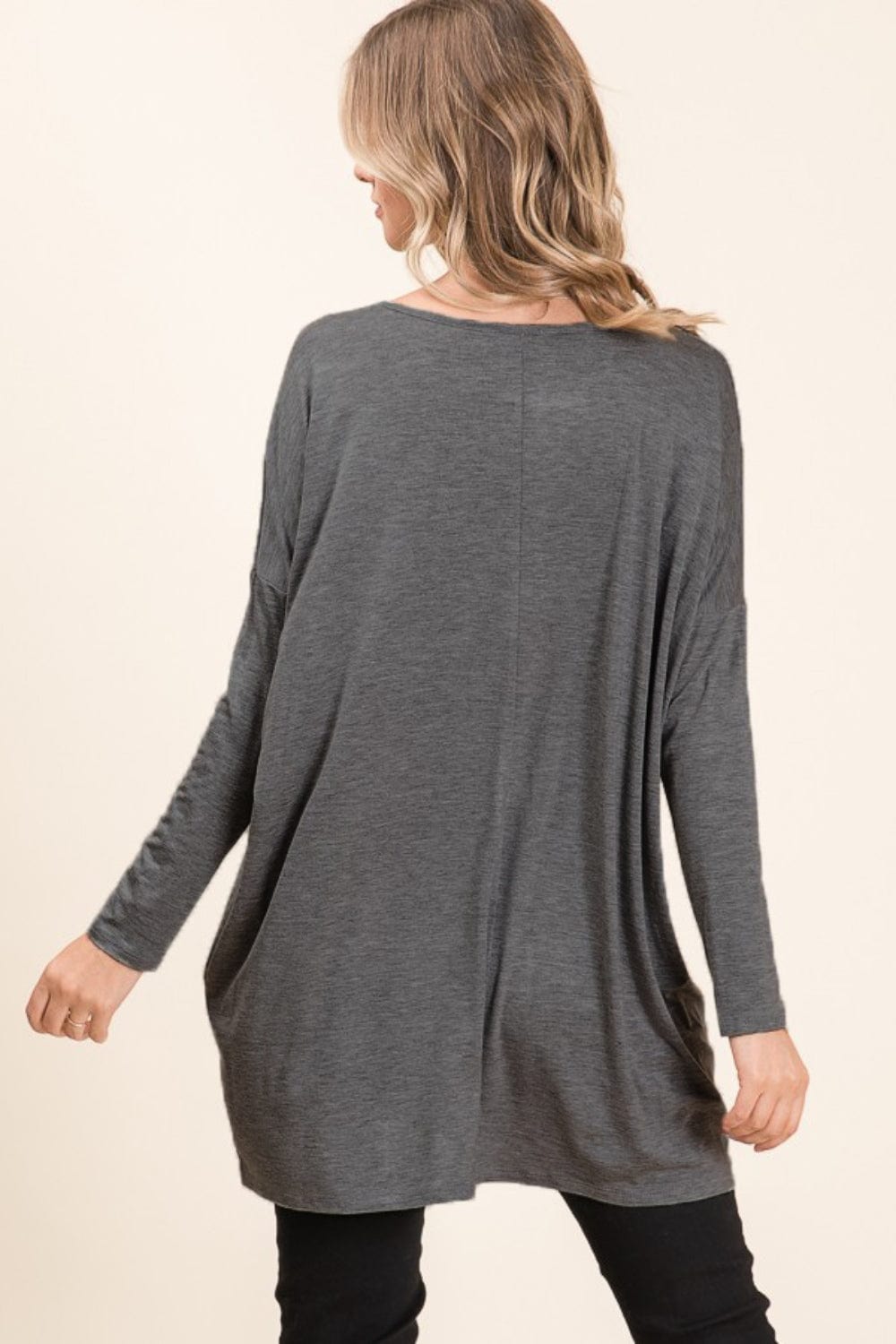 BOMBOM Round Neck Long Sleeve Oversized Top - Trendsi