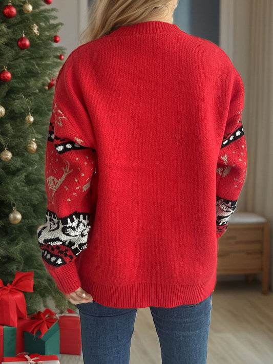 Christmas Element Round Neck Long Sleeve Sweater - Trendsi