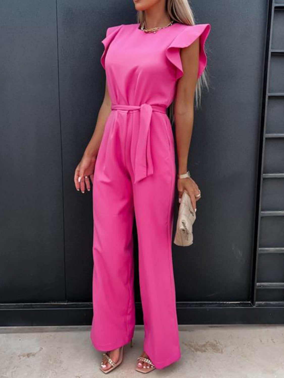 Ruffled Round Neck Cap Sleeve Jumpsuit Trendsi