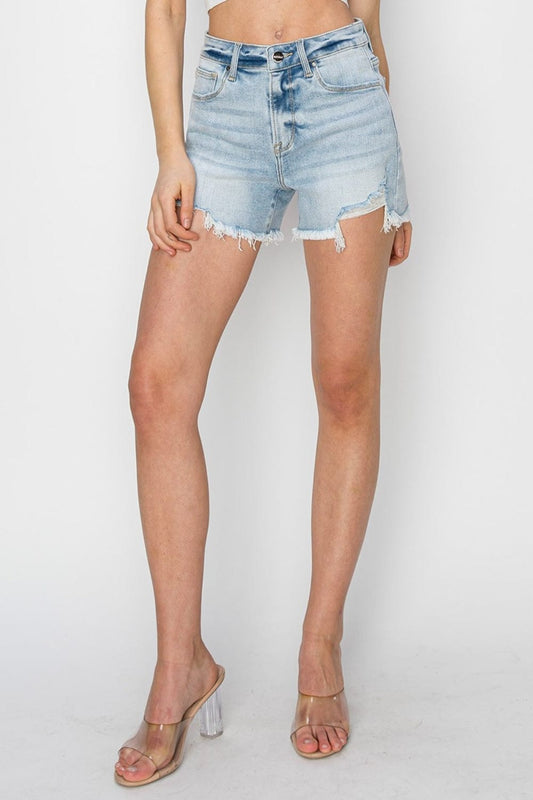 RISEN Full Size High Waist Frayed Detail Denim Shorts - Trendsi