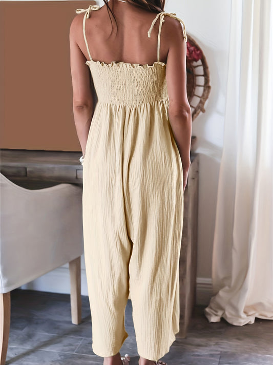 Full Size Smocked Spaghetti Strap Wide Leg Jumpsuit Trendsi