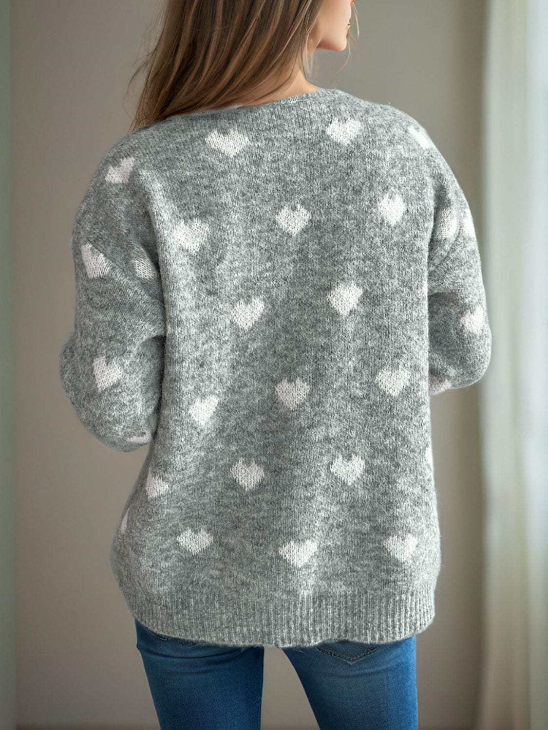 Heart Round Neck Long Sleeve Sweater - Trendsi