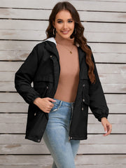 Drawstring Long Sleeve Hooded Jacket - Trendsi