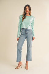 MABLE Shoulder Padded Sequin Crop Top - Trendsi