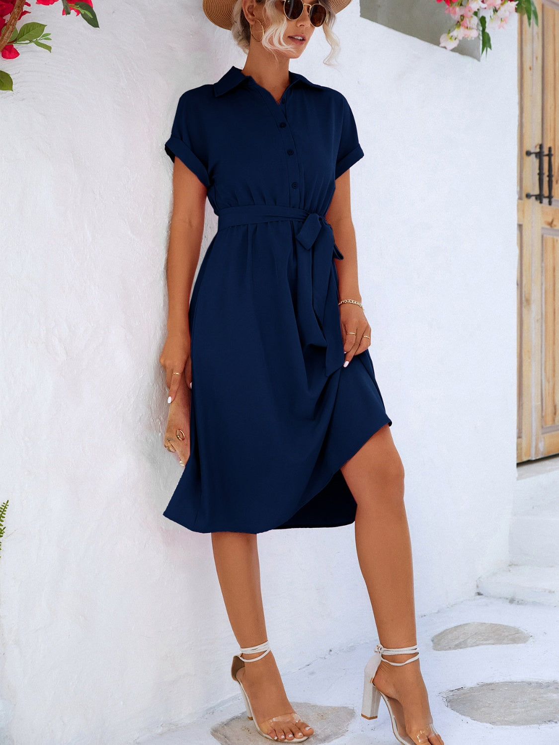 Buttoned Tie Waist Short Sleeve Dress - Flyclothing LLC